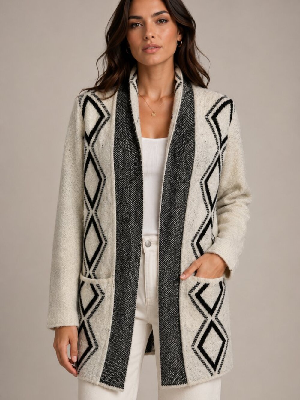Staccato Wool Blend Geometric Longline Open Front Cardigan Ivory Black S